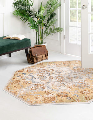 Yellow 7' 10 x 7' 10 Highbury Octagon Area Rug 60% Polypropylene & 40% Polyester With Jute Backing Vintage Distressed Traditional Carpet for Sale at Rug Engine