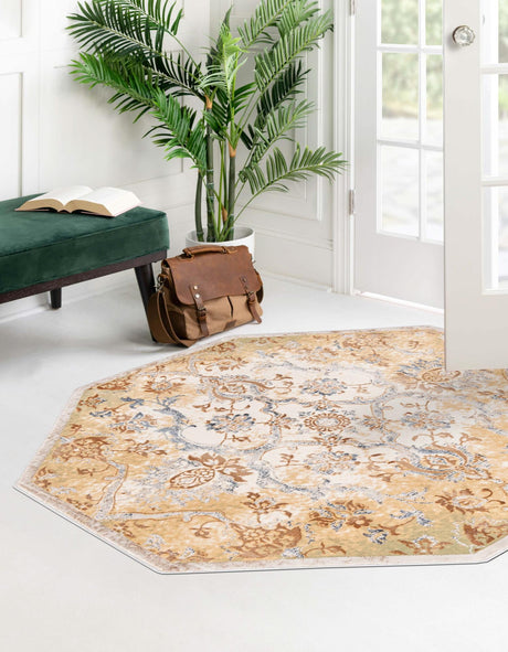 Yellow 7' 10 x 7' 10 Highbury Octagon Area Rug 60% Polypropylene & 40% Polyester With Jute Backing Vintage Distressed Traditional Carpet for Sale at Rug Engine
