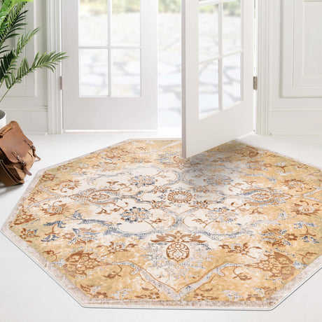 Yellow 7' 10 x 7' 10 Highbury Octagon Area Rug 60% Polypropylene & 40% Polyester With Jute Backing Vintage Distressed Traditional Carpet for Sale at Rug Engine