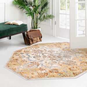 Yellow 7' 10 x 7' 10 Highbury Octagon Area Rug 60% Polypropylene & 40% Polyester With Jute Backing Vintage Distressed Traditional Carpet for Sale at Rug Engine