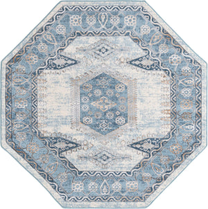Blue 5' 3 x 5' 3 Highbury Octagon Area Rug 60% Polypropylene & 40% Polyester With Jute Backing Vintage Distressed Traditional Carpet for Sale at Rug Engine