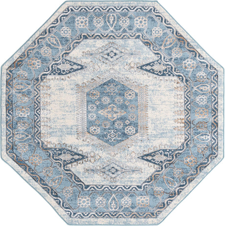 Blue 5' 3 x 5' 3 Highbury Octagon Area Rug 60% Polypropylene & 40% Polyester With Jute Backing Vintage Distressed Traditional Carpet for Sale at Rug Engine