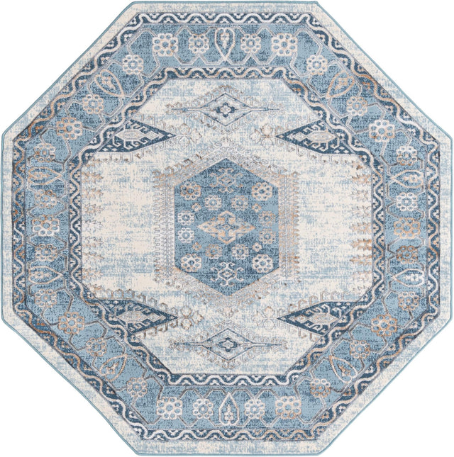 Blue 5' 3 x 5' 3 Highbury Octagon Area Rug 60% Polypropylene & 40% Polyester With Jute Backing Vintage Distressed Traditional Carpet for Sale at Rug Engine