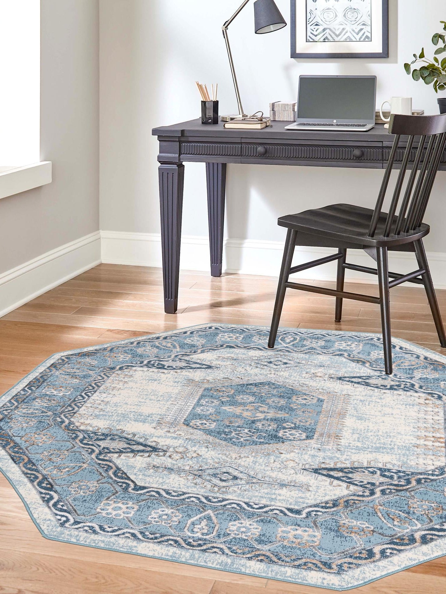 Blue 5' 3 x 5' 3 Highbury Octagon Area Rug 60% Polypropylene & 40% Polyester With Jute Backing Vintage Distressed Traditional Carpet for Sale at Rug Engine