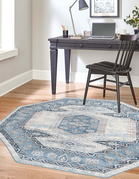 Blue 5' 3 x 5' 3 Highbury Octagon Area Rug 60% Polypropylene & 40% Polyester With Jute Backing Vintage Distressed Traditional Carpet for Sale at Rug Engine