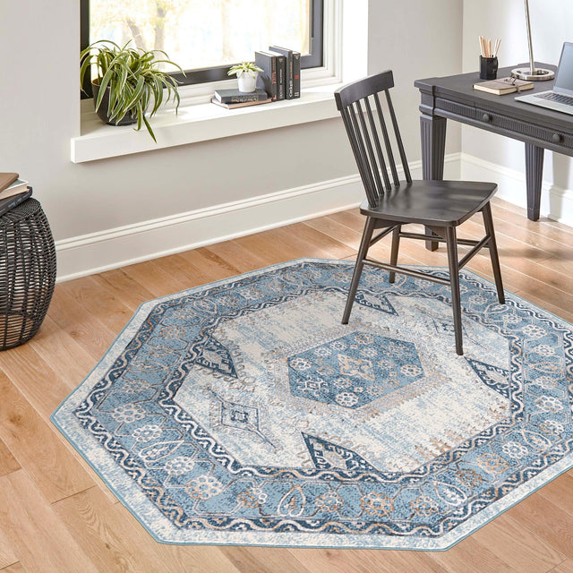 Blue 7' 10 x 7' 10 Highbury Octagon Area Rug 60% Polypropylene & 40% Polyester With Jute Backing Vintage Distressed Traditional Carpet for Sale at Rug Engine