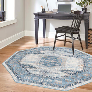 Blue 7' 10 x 7' 10 Highbury Octagon Area Rug 60% Polypropylene & 40% Polyester With Jute Backing Vintage Distressed Traditional Carpet for Sale at Rug Engine