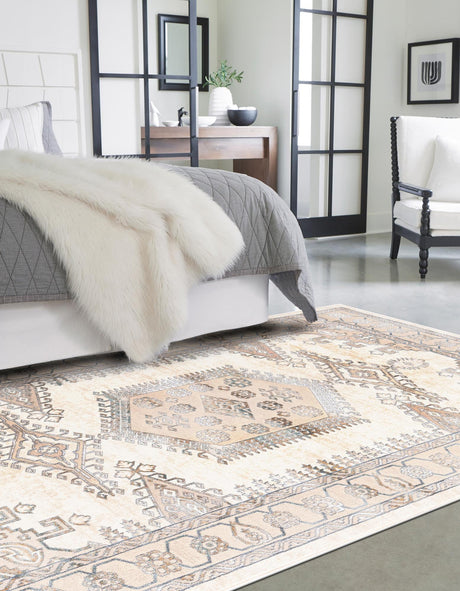 Ivory 7' x 10' Highbury Rectangle Area Rug 60% Polypropylene & 40% Polyester With Jute Backing Vintage Distressed Traditional Carpet for Sale at Rug Engine