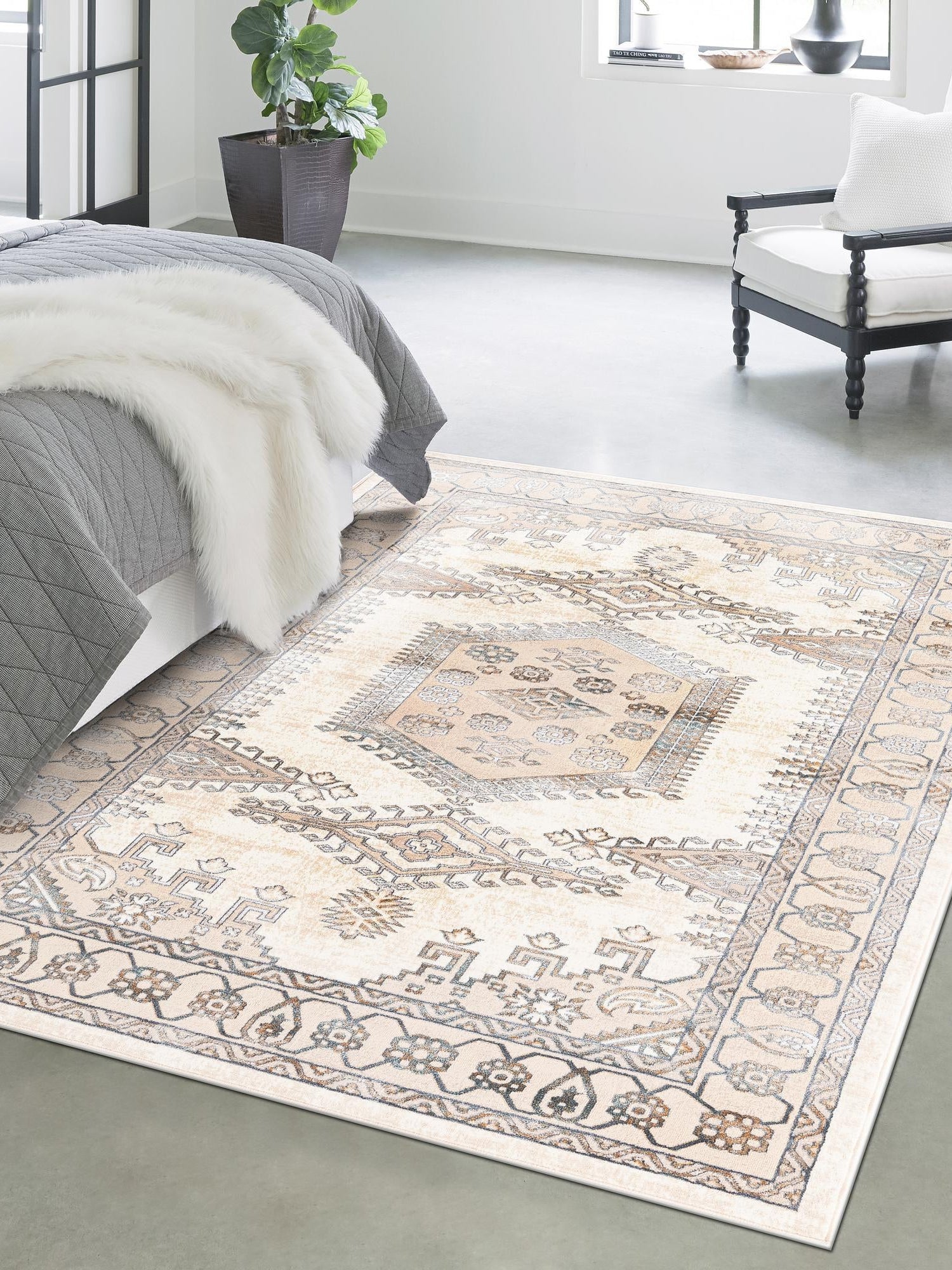 Ivory 7' x 10' Highbury Rectangle Area Rug 60% Polypropylene & 40% Polyester With Jute Backing Vintage Distressed Traditional Carpet for Sale at Rug Engine