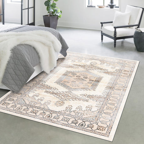 Ivory 7' x 10' Highbury Rectangle Area Rug 60% Polypropylene & 40% Polyester With Jute Backing Vintage Distressed Traditional Carpet for Sale at Rug Engine