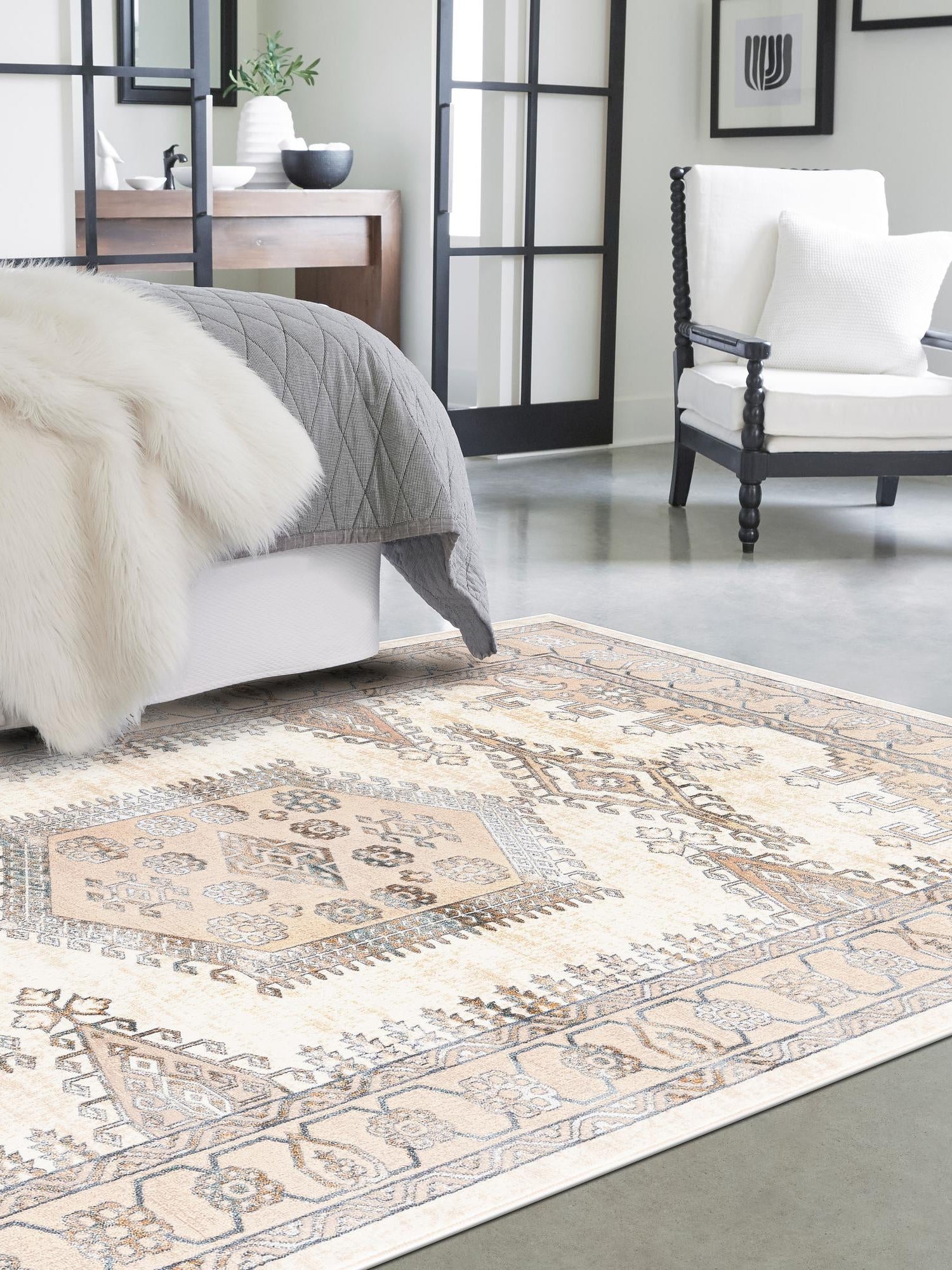 Ivory 7' x 10' Highbury Rectangle Area Rug 60% Polypropylene & 40% Polyester With Jute Backing Vintage Distressed Traditional Carpet for Sale at Rug Engine