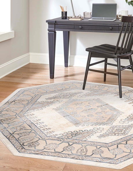 Ivory 5' 3 x 5' 3 Highbury Octagon Area Rug 60% Polypropylene & 40% Polyester With Jute Backing Vintage Distressed Traditional Carpet for Sale at Rug Engine