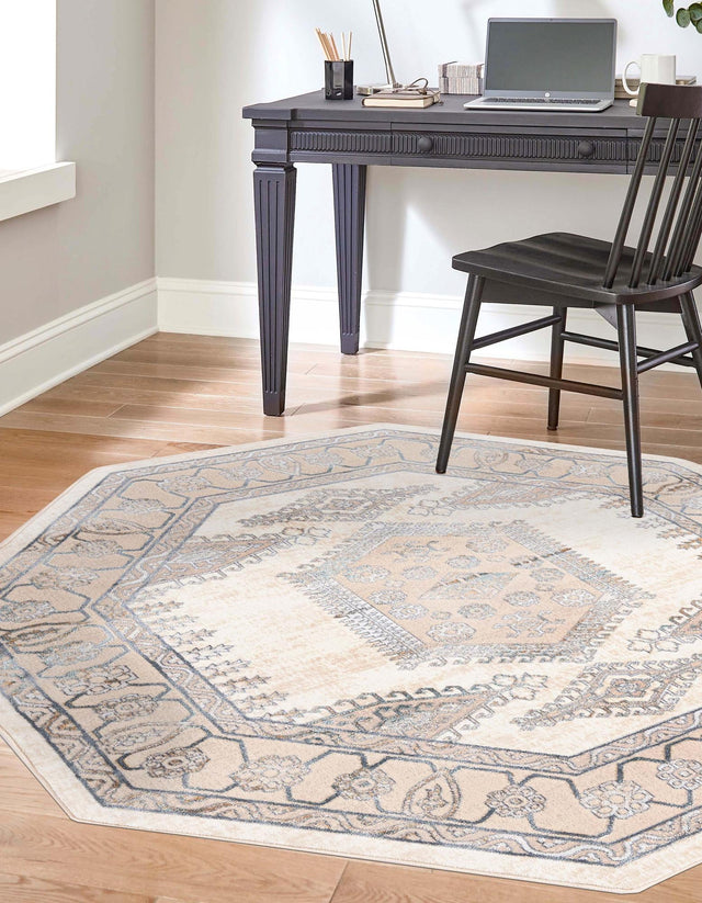 Ivory 5' 3 x 5' 3 Highbury Octagon Area Rug 60% Polypropylene & 40% Polyester With Jute Backing Vintage Distressed Traditional Carpet for Sale at Rug Engine
