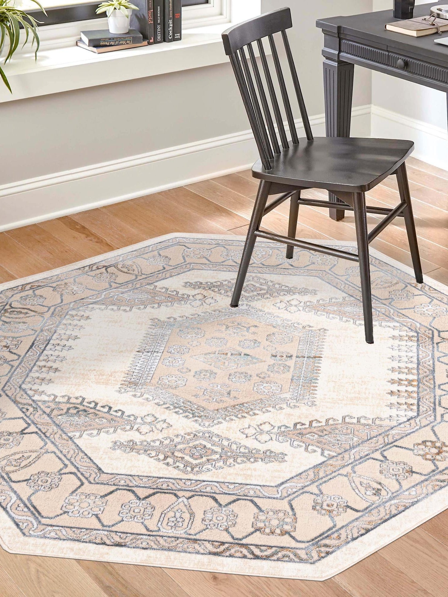 Ivory 5' 3 x 5' 3 Highbury Octagon Area Rug 60% Polypropylene & 40% Polyester With Jute Backing Vintage Distressed Traditional Carpet for Sale at Rug Engine