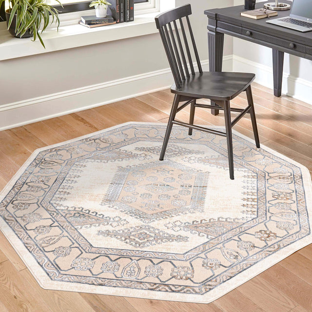 Ivory 5' 3 x 5' 3 Highbury Octagon Area Rug 60% Polypropylene & 40% Polyester With Jute Backing Vintage Distressed Traditional Carpet for Sale at Rug Engine