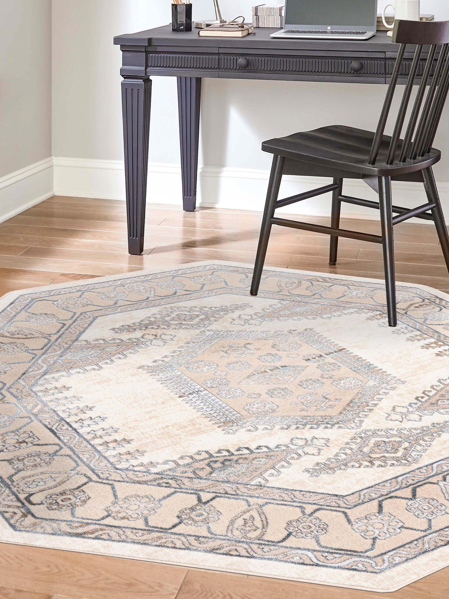 Ivory 5' 3 x 5' 3 Highbury Octagon Area Rug 60% Polypropylene & 40% Polyester With Jute Backing Vintage Distressed Traditional Carpet for Sale at Rug Engine