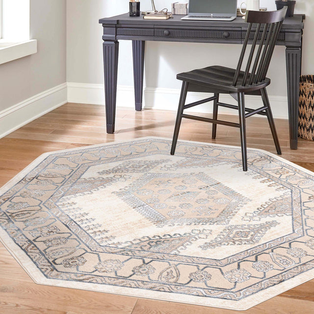 Ivory 5' 3 x 5' 3 Highbury Octagon Area Rug 60% Polypropylene & 40% Polyester With Jute Backing Vintage Distressed Traditional Carpet for Sale at Rug Engine