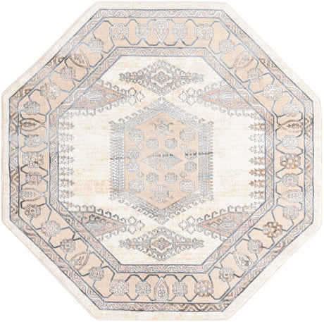 Ivory 5' 3 x 5' 3 Highbury Octagon Area Rug 60% Polypropylene & 40% Polyester With Jute Backing Vintage Distressed Traditional Carpet for Sale at Rug Engine