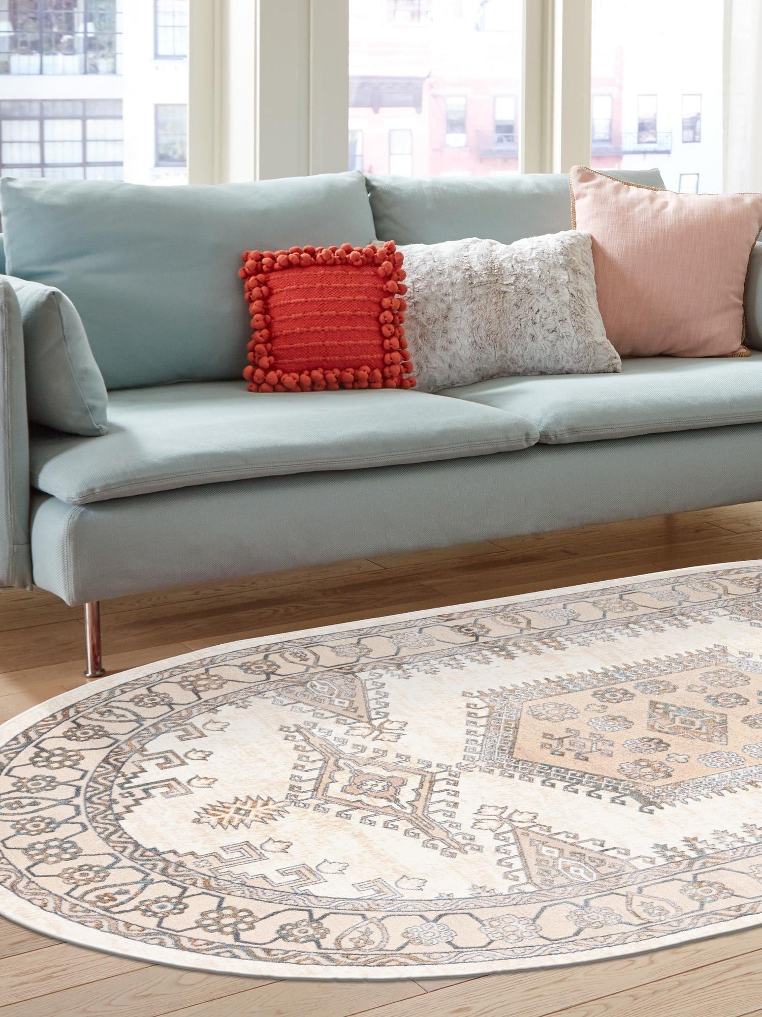 Ivory 7' 10 x 10' Highbury Oval Area Rug 60% Polypropylene & 40% Polyester With Jute Backing Vintage Distressed Traditional Carpet for Sale at Rug Engine