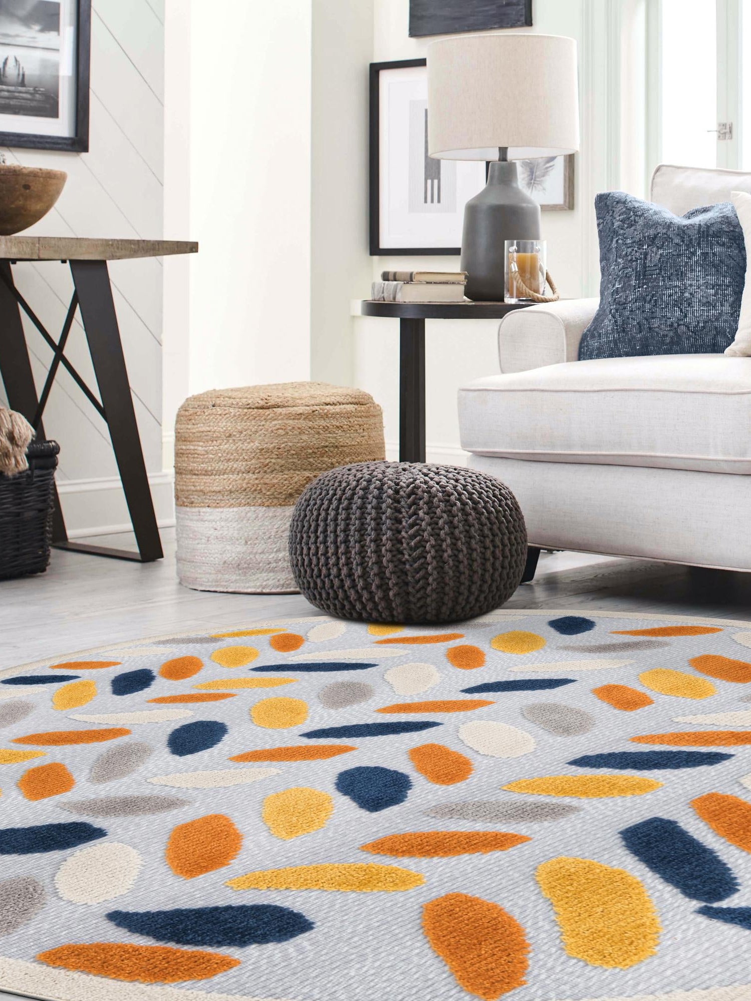 Gray 5' 3 x 5' 3 Aruba Outdoor Round Area Rug Weather Resistant for Patio, Deck, Terrace, Balcony, Porch for Sale at Rug Engine