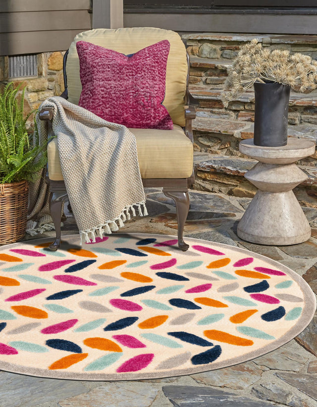 Beige 5' 3 x 5' 3 Aruba Outdoor Round Area Rug Weather Resistant for Patio, Deck, Terrace, Balcony, Porch for Sale at Rug Engine