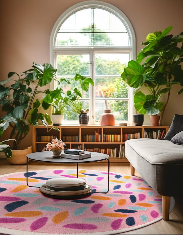 Pink 5' 3 x 5' 3 Aruba Outdoor Round Area Rug Weather Resistant for Patio, Deck, Terrace, Balcony, Porch for Sale at Rug Engine