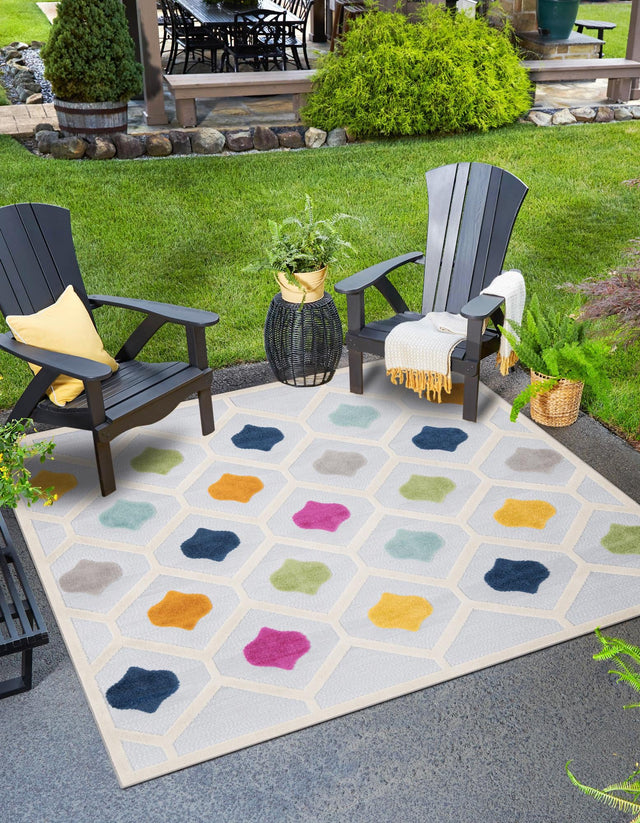 Gray 7' 10 x 7' 10 Aruba Outdoor Square Area Rug Weather Resistant for Patio, Deck, Terrace, Balcony, Porch for Sale at Rug Engine