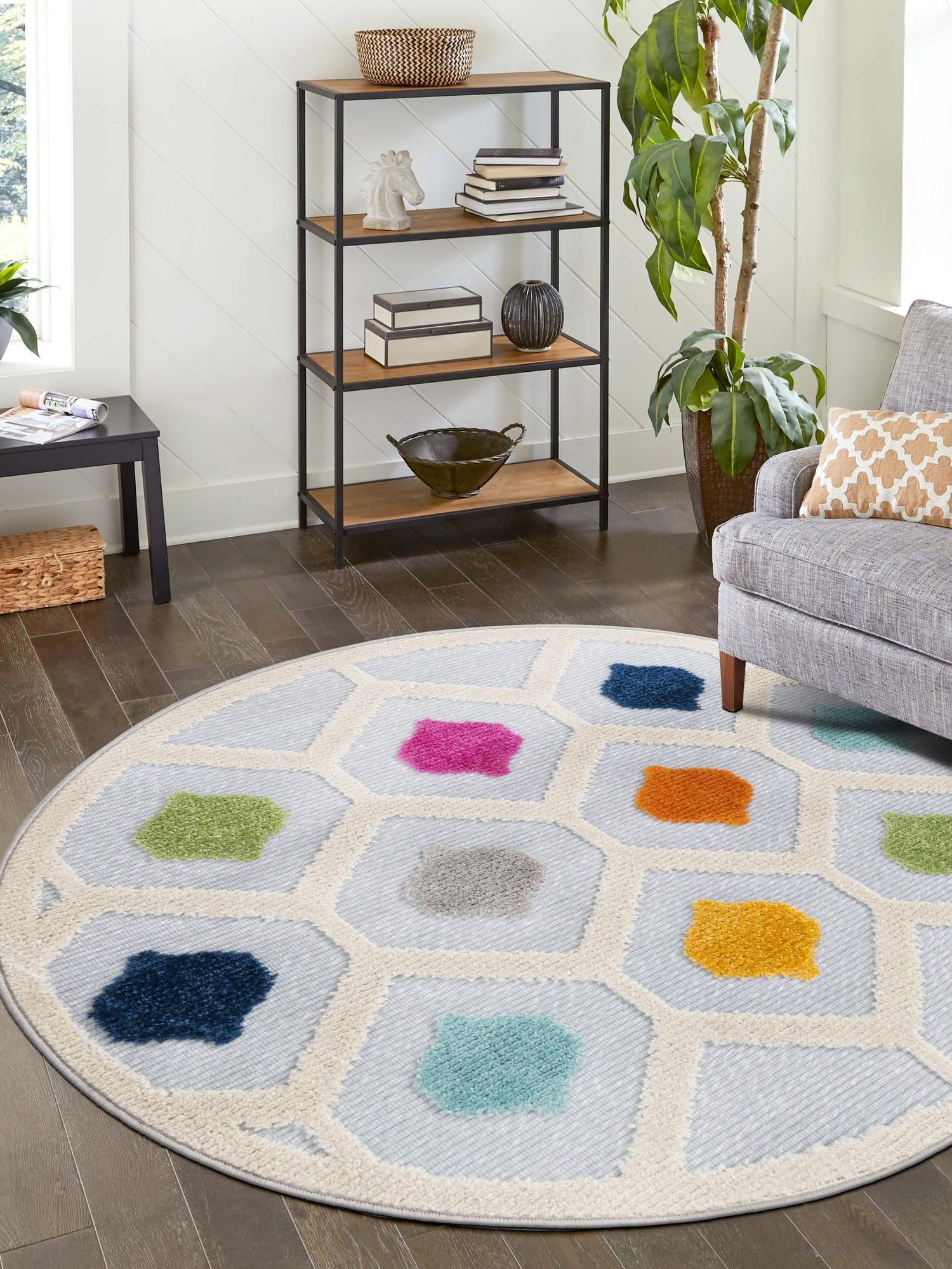 Gray 5' 3 x 5' 3 Aruba Outdoor Round Area Rug Weather Resistant for Patio, Deck, Terrace, Balcony, Porch for Sale at Rug Engine