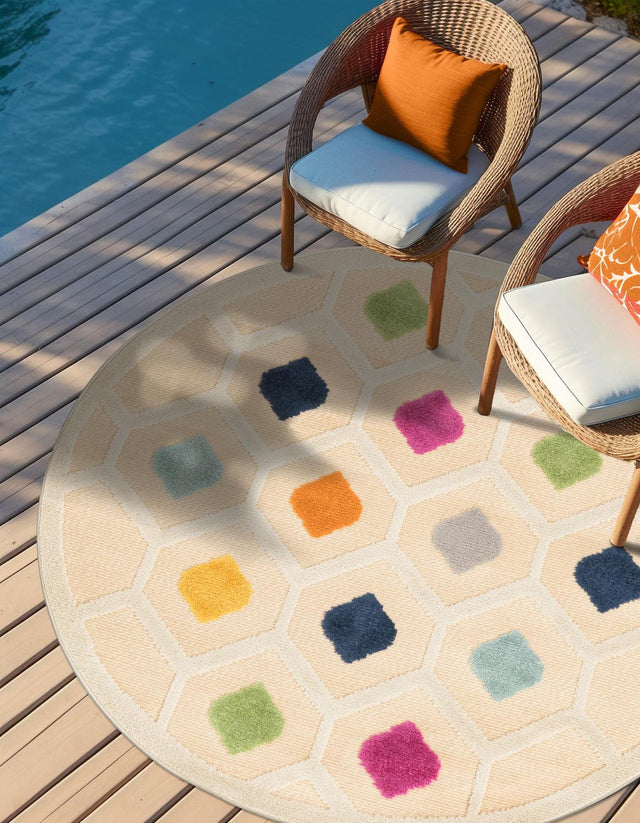Beige 3' 3 x 3' 3 Aruba Outdoor Round Area Rug Weather Resistant for Patio, Deck, Terrace, Balcony, Porch for Sale at Rug Engine