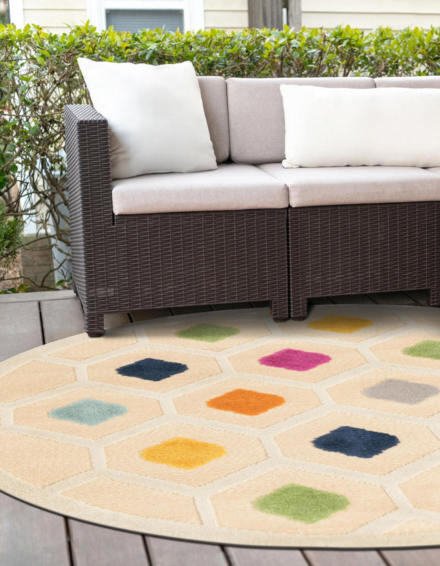 Beige 3' 3 x 3' 3 Aruba Outdoor Round Area Rug Weather Resistant for Patio, Deck, Terrace, Balcony, Porch for Sale at Rug Engine