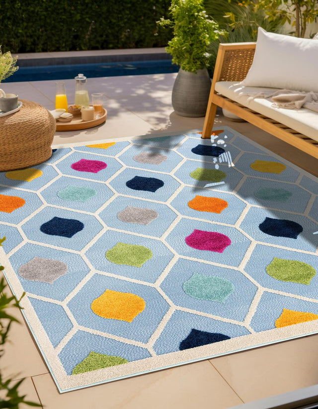 Blue 5' 3 x 5' 3 Aruba Outdoor Square Area Rug Weather Resistant for Patio, Deck, Terrace, Balcony, Porch for Sale at Rug Engine