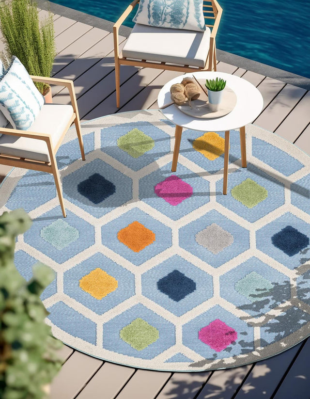 Blue 3' 3 x 3' 3 Aruba Outdoor Round Area Rug Weather Resistant for Patio, Deck, Terrace, Balcony, Porch for Sale at Rug Engine