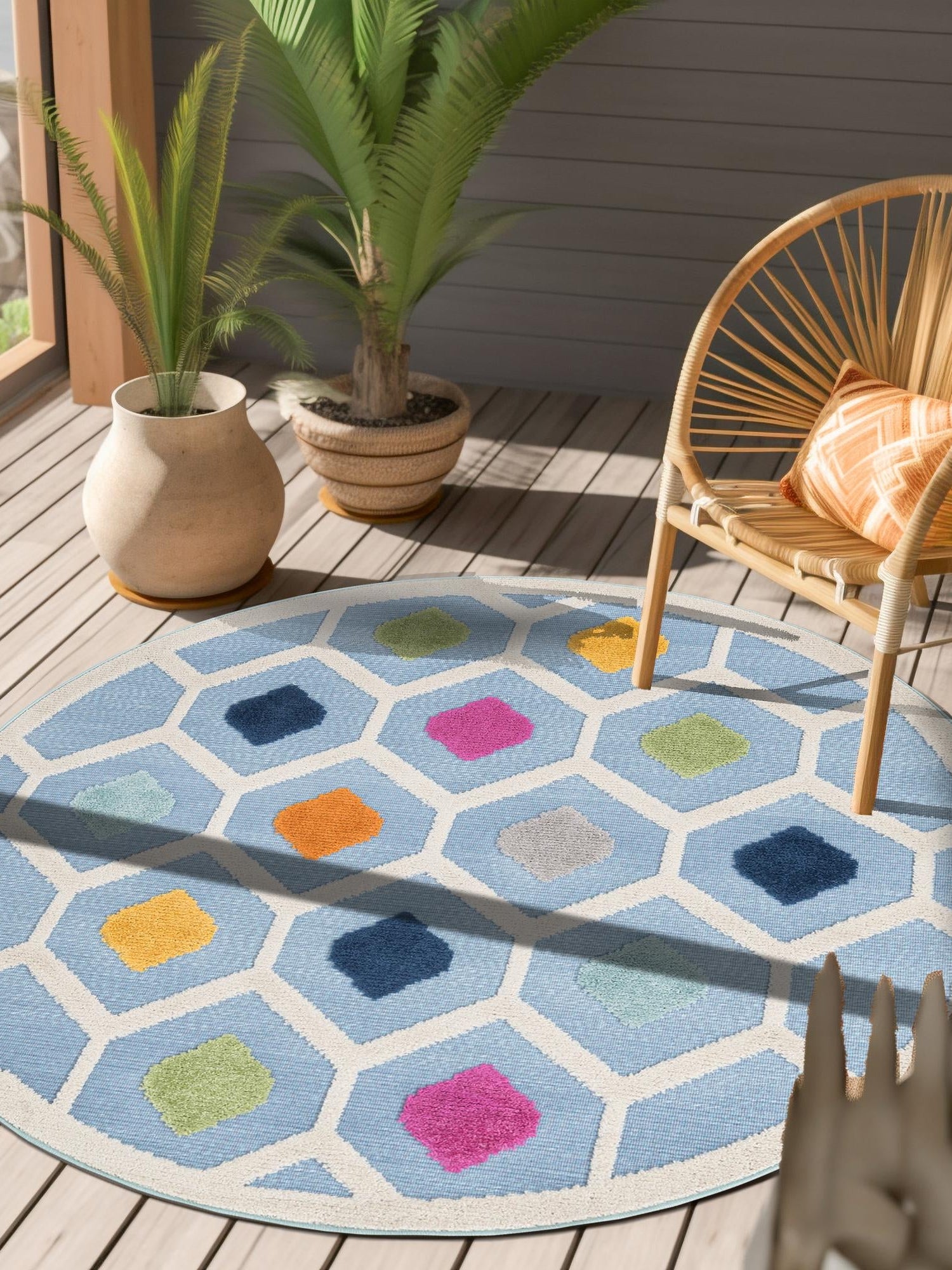 Blue 5' 3 x 5' 3 Aruba Outdoor Round Area Rug Weather Resistant for Patio, Deck, Terrace, Balcony, Porch for Sale at Rug Engine