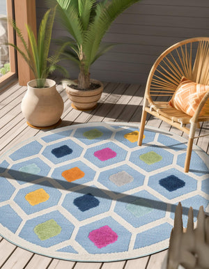 Blue 5' 3 x 5' 3 Aruba Outdoor Round Area Rug Weather Resistant for Patio, Deck, Terrace, Balcony, Porch for Sale at Rug Engine