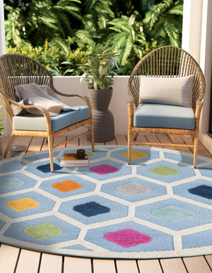 Blue 3' 3 x 3' 3 Aruba Outdoor Round Area Rug Weather Resistant for Patio, Deck, Terrace, Balcony, Porch for Sale at Rug Engine