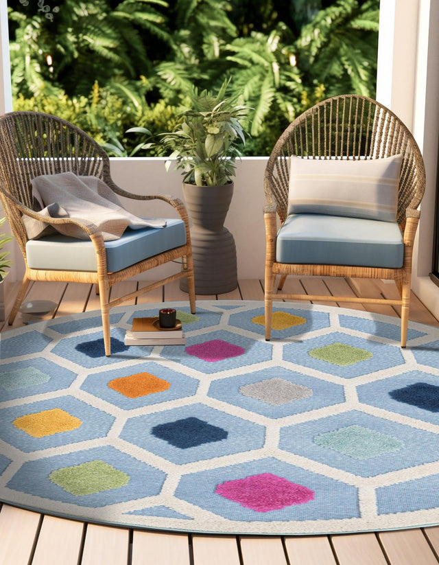 Blue 3' 3 x 3' 3 Aruba Outdoor Round Area Rug Weather Resistant for Patio, Deck, Terrace, Balcony, Porch for Sale at Rug Engine