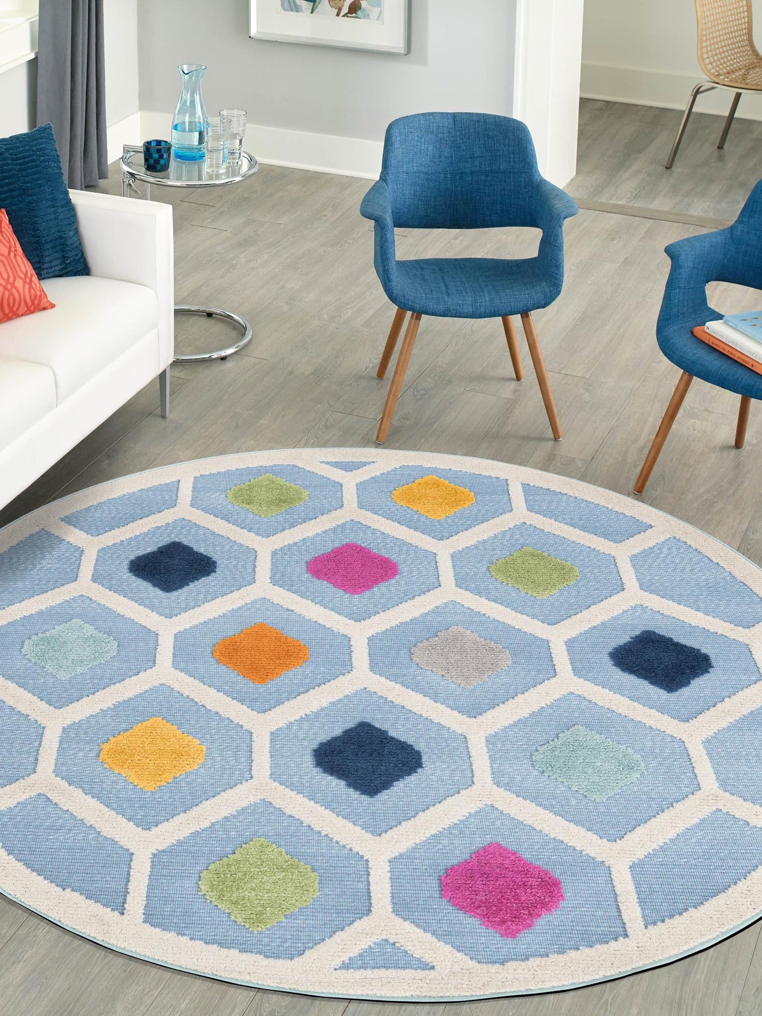 Blue 5' 3 x 5' 3 Aruba Outdoor Round Area Rug Weather Resistant for Patio, Deck, Terrace, Balcony, Porch for Sale at Rug Engine