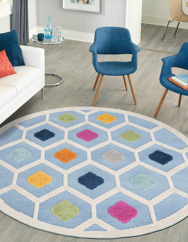 Blue 5' 3 x 5' 3 Aruba Outdoor Round Area Rug Weather Resistant for Patio, Deck, Terrace, Balcony, Porch for Sale at Rug Engine