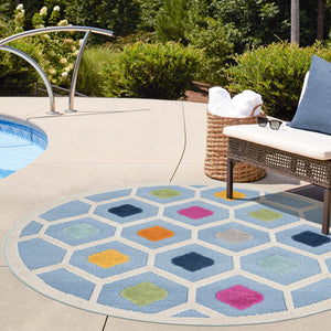 Blue 5' 3 x 5' 3 Aruba Outdoor Round Area Rug Weather Resistant for Patio, Deck, Terrace, Balcony, Porch for Sale at Rug Engine