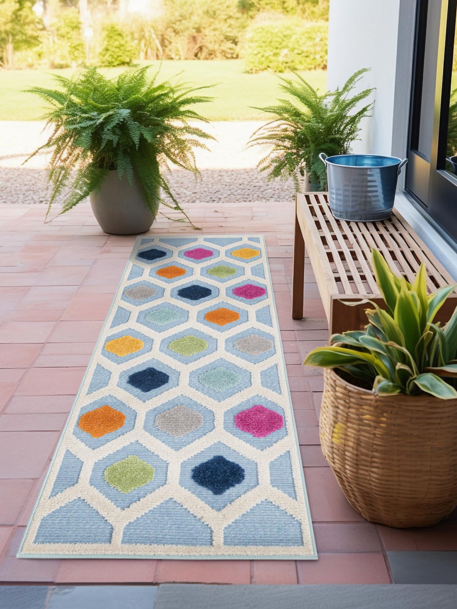 Blue 2' x 6' Aruba Outdoor Runner Area Rug Weather Resistant for Patio, Deck, Terrace, Balcony, Porch for Sale at Rug Engine