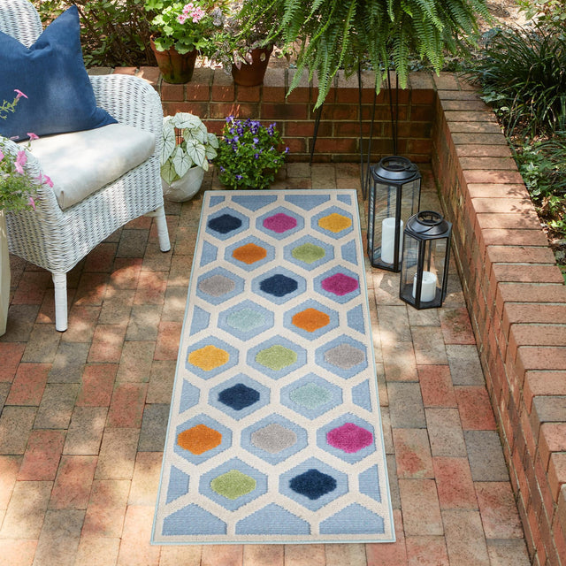 Blue 2' x 8' Aruba Outdoor Runner Area Rug Weather Resistant for Patio, Deck, Terrace, Balcony, Porch for Sale at Rug Engine