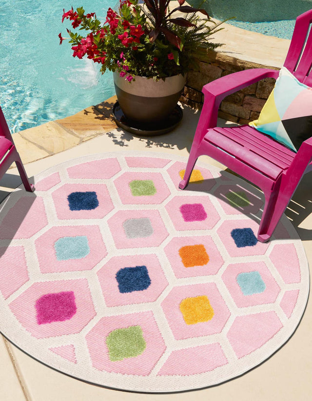 Pink 3' 3 x 3' 3 Aruba Outdoor Round Area Rug Weather Resistant for Patio, Deck, Terrace, Balcony, Porch for Sale at Rug Engine