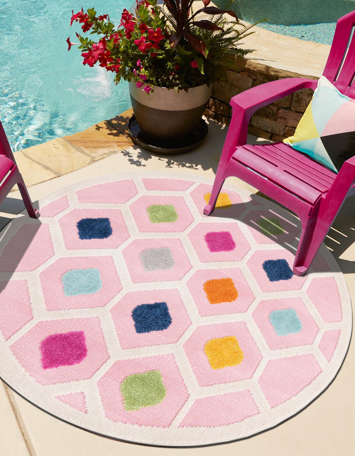 Pink 5' 3 x 5' 3 Aruba Outdoor Round Area Rug Weather Resistant for Patio, Deck, Terrace, Balcony, Porch for Sale at Rug Engine