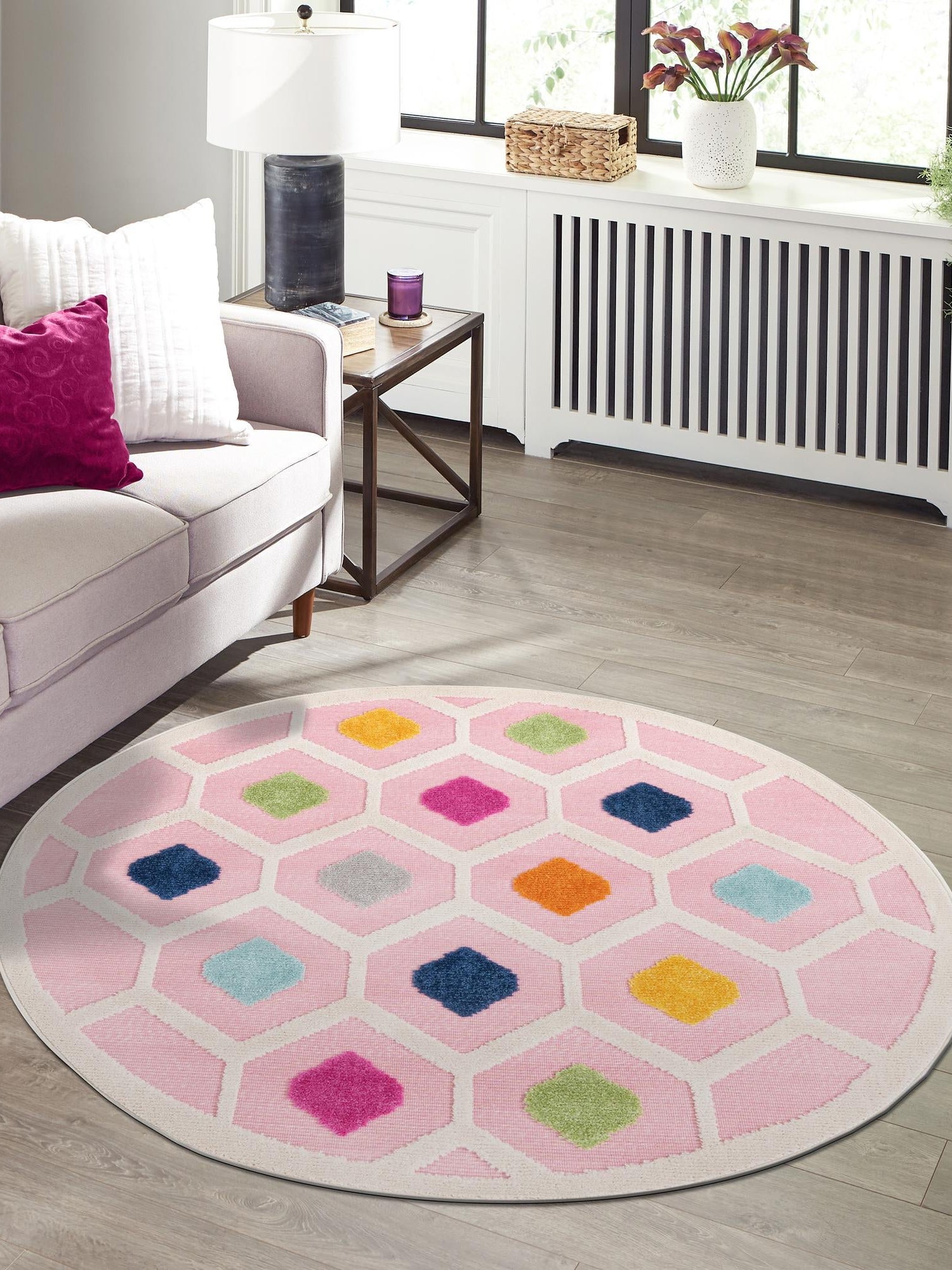 Pink 5' 3 x 5' 3 Aruba Outdoor Round Area Rug Weather Resistant for Patio, Deck, Terrace, Balcony, Porch for Sale at Rug Engine