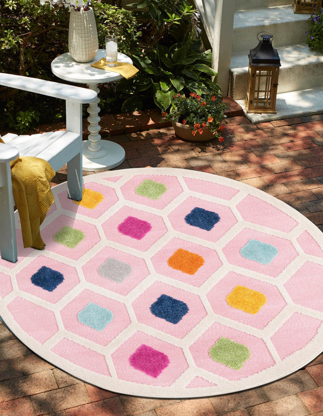 Pink 3' 3 x 3' 3 Aruba Outdoor Round Area Rug Weather Resistant for Patio, Deck, Terrace, Balcony, Porch for Sale at Rug Engine
