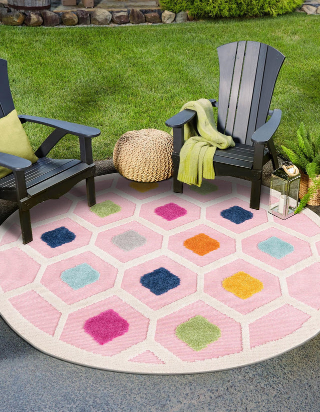Pink 3' 3 x 3' 3 Aruba Outdoor Round Area Rug Weather Resistant for Patio, Deck, Terrace, Balcony, Porch for Sale at Rug Engine