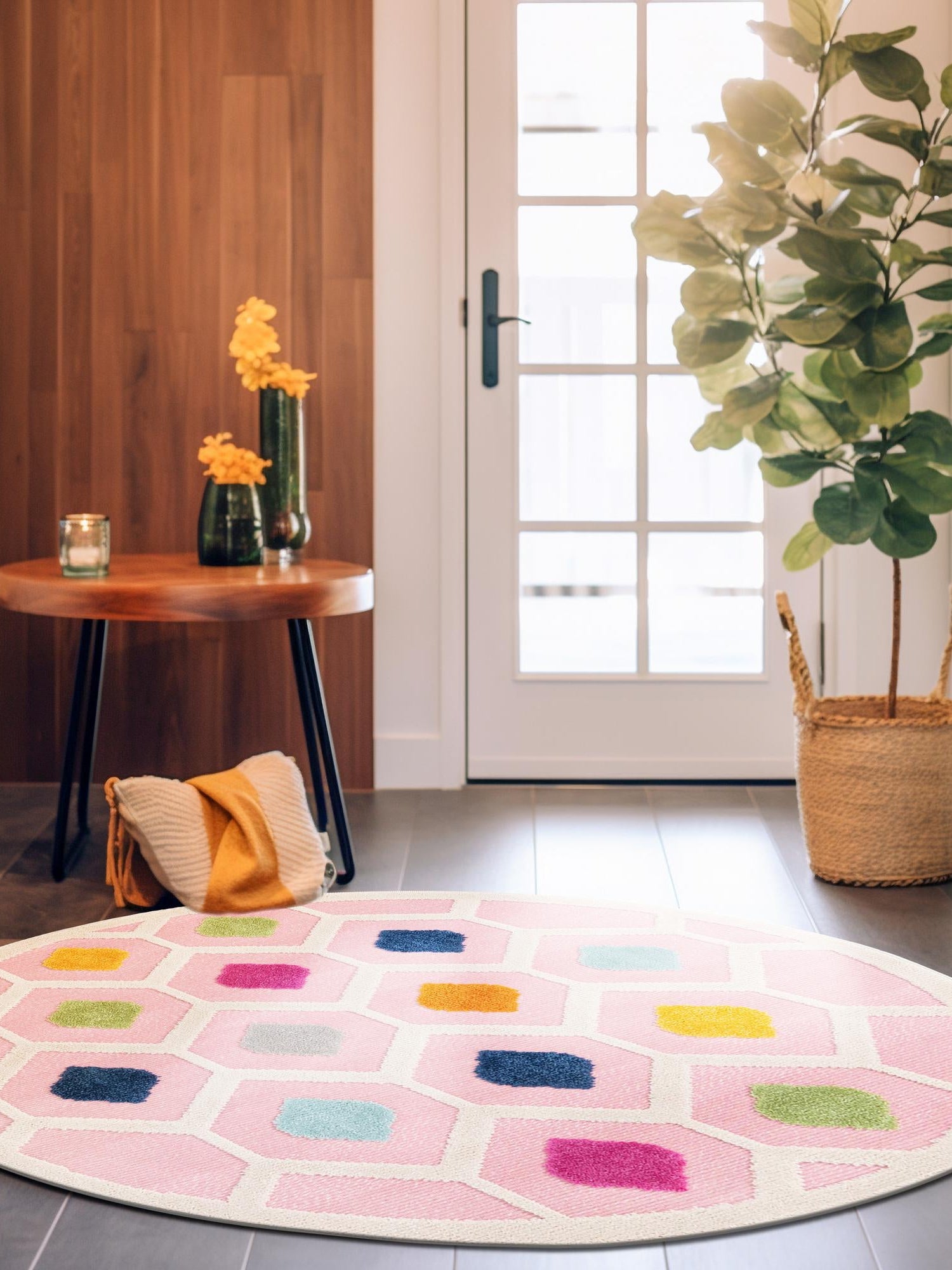 Pink 5' 3 x 5' 3 Aruba Outdoor Round Area Rug Weather Resistant for Patio, Deck, Terrace, Balcony, Porch for Sale at Rug Engine