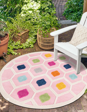 Pink 5' 3 x 5' 3 Aruba Outdoor Round Area Rug Weather Resistant for Patio, Deck, Terrace, Balcony, Porch for Sale at Rug Engine