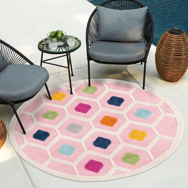 Pink 3' 3 x 3' 3 Aruba Outdoor Round Area Rug Weather Resistant for Patio, Deck, Terrace, Balcony, Porch for Sale at Rug Engine