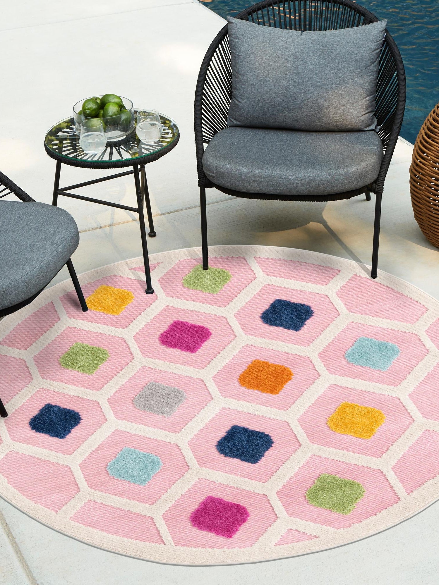 Pink 5' 3 x 5' 3 Aruba Outdoor Round Area Rug Weather Resistant for Patio, Deck, Terrace, Balcony, Porch for Sale at Rug Engine